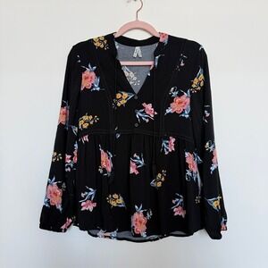 Mudd Black Floral Babydoll Top Size Medium | Boho Long Sleeve Tassel Blouse
